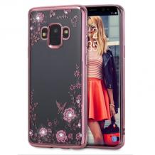 Луксозен силиконов калъф / гръб / TPU с камъни за Samsung Galaxy J7 Duo 2018 - прозрачен / розови цветя / Rose Gold кант