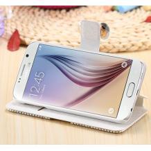 Луксозен кожен калъф Flip тефтер със стойка за Samsung Galaxy S6 G920 - бял / Rose Gold камъни