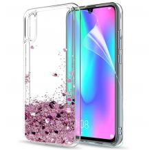 Луксозен твърд гръб 3D Water Case за Xiaomi Redmi 7A - прозрачен / течен гръб със светло розов брокат