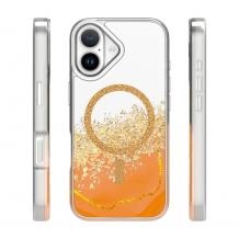 Луксозен твърд гръб 3D Epoxy Mag Case iPhone 17 (6.3) - прозрачен / течен гръб с брокат / оранжев