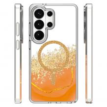 Луксозен твърд гръб 3D Epoxy Mag Case Samsung Galaxy S26 Ultra - прозрачен / течен гръб с брокат / оранжев