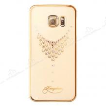 Луксозен твърд гръб KINGXBAR Swarovski Diamond за Samsung Galaxy S6 Edge G925 - прозрачен със златен кант / колие