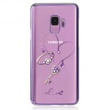 Луксозен твърд гръб KINGXBAR Swarovski Diamond за Samsung Galaxy S9 G960 - прозрачен с лилав кант / Love
