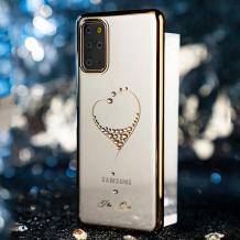 Луксозен твърд гръб KINGXBAR Swarovski Diamond за Samsung Galaxy S20 Plus - прозрачен със златист кант / сърце