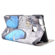 Кожен калъф Flip тефтер S-view със стойка за Huawei P9 Lite - сив / синя пеперуда