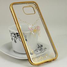 Луксозен силиконов калъф / гръб / TPU с камъни за Samsung Galaxy S6 G920 - прозрачен / пеперуда / златист кант