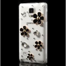 Луксозен твърд гръб / капак / 3D с камъни за Samsung Galaxy Note 4 N9100 - прозрачен / черни цветя