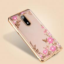 Луксозен силиконов калъф / гръб / TPU с камъни за Nokia 8 Sirocco - прозрачен / розови цветя / златист кант