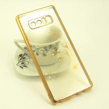 Луксозен силиконов калъф / гръб / TPU / Elegant с камъни за Samsung Galaxy Note 8 N950 - прозрачен със златист кант / перо