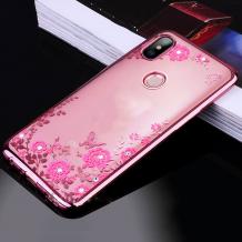 Луксозен силиконов калъф / гръб / TPU с камъни за Huawei P Smart Z / Y9 Prime 2019 - прозрачен / розови цветя / Rose Gold кант