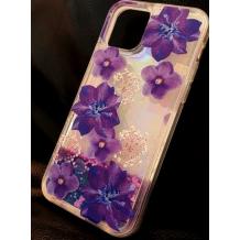 Луксозен гръб 3D Water Case за Apple iPhone 12 Pro Max 6.7" - течен гръб с брокат / огледален с лилави цветя