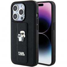 Оригинален калъф / кейс  / Karl Lagerfeld Gripstand Saffiano Karl and Choupette Pins за iPhone 15 Pro (6.1) - черен