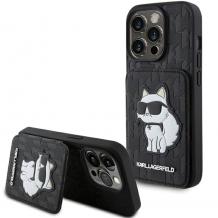 Оригинален / калъф / кейс Karl Lagerfeld Saffiano Cardslots and Stand Monogram Choupette за iPhone 15 Pro Max (6.7) - черен