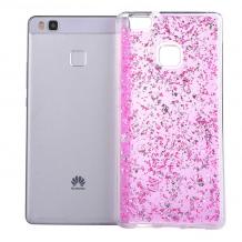 Силиконов калъф / гръб / TPU 3D за Huawei P9 Lite - розов / прозрачен / блестящи стружки