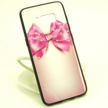 Луксозен стъклен твърд гръб със силиконов кант и камъни за Samsung Galaxy S8 G950 - розов с панделка