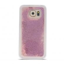 Луксозен твърд гръб 3D Water Case за Samsung Galaxy A71 - прозрачен / течен гръб с розов брокат и перли