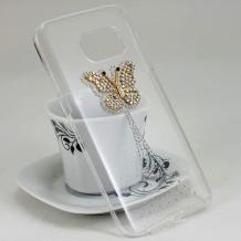 Луксозен твърд гръб с камъни за Samsung Galaxy S6 G920 - прозрачен / пеперуда
