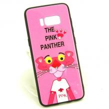 Луксозен стъклен твърд гръб със силиконов кант и камъни за Samsung Galaxy S8 G950 - тъмно розов / The Pink Panther