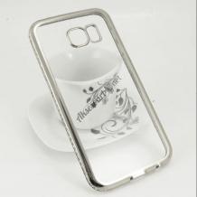 Луксозен силиконов калъф / гръб / TPU с камъни за Samsung Galaxy S6 Edge G925 - прозрачен / сребрист кант
