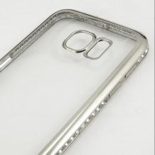 Луксозен силиконов калъф / гръб / TPU с камъни за Samsung Galaxy S6 Edge G925 - прозрачен / сребрист кант