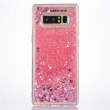 Луксозен твърд гръб 3D Water Case за Samsung Galaxy S10e - прозрачен / течен гръб с брокат / сърца / розов