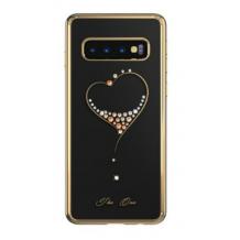 Луксозен твърд гръб KINGXBAR Swarovski Diamond за Samsung Galaxy S10 Plus - прозрачен със златист кант / сърце