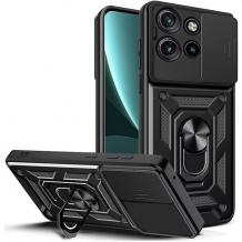 Удароустойчив гръб TPU кейс Slide Camera Case Magnetic Finger Ring Car Holder за Motorola Moto G75 - черен