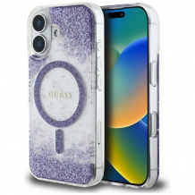 Оригинален калъф / гръб / GUESS Bottom Glitter с безжично зареждане MagSafe кейс за Apple iPhone 16 (6.1) - лилав брокат