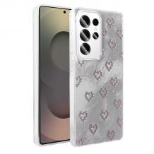 Луксозен силиконов калъф / гръб / TPU Ponti Case за Samsung Galaxy S25 Ultra - сив кейс / сърца с камъни
