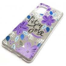 Силиконов калъф / гръб / TPU за Samsung Galaxy A31 - сребрист брокат / лилави цветя / Put on Love