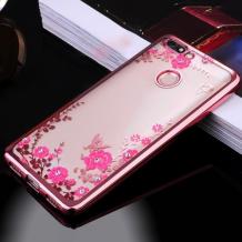 Луксозен силиконов калъф / гръб / TPU с камъни за Xiaomi RedMi 6 - прозрачен / розови цветя / Rose Gold кант