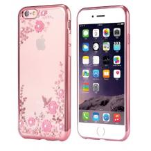 Луксозен силиконов калъф / гръб / TPU с камъни за Apple iPhone 7 - прозрачен / розови цветя / Rose Gold кант