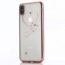 Луксозен силиконов калъф / гръб / TPU с камъни за Apple iPhone 11 6.1 - прозрачен / Rose Gold кант / сърце