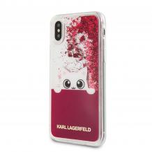 Оригинален калъф / твърд гръб / 3D KARL LAGERFELD Choupette Sunglasses Liquid Glitter Case за Apple iPhone X / iPhone XS - прозрачен / червен брокат / cat