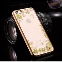 Луксозен силиконов калъф / гръб / TPU с камъни за Apple iPhone 6 Plus / iPhone 6S Plus - жълти цветя / златист кант