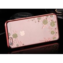 Луксозен силиконов калъф / гръб / TPU с камъни за Apple iPhone 7 - прозрачен / зелени цветя / Rose Gold кант