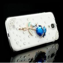 Луксозен твърд гръб / капак / 3D с камъни за Samsung Galaxy S4 I9500 / Samsung S4 I9505 / Samsung S4 i9515 - прозрачен / синя роза