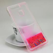 Силиконов калъф / гръб / TPU 3D за Huawei P9 - прозрачен с розов брокат