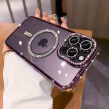 Луксозен силиконов калъф / гръб / TPU кейс със MagSafe за iPhone 14 (6.1) - прозрачен със лилав кант и камъни