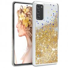 Луксозен гръб 3D Water Case за Samsung Galaxy A72 / A72 5G - прозрачен / течен гръб с златист брокат /