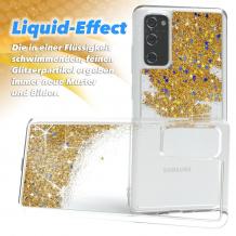Луксозен твърд гръб 3D Water Case за Samsung Galaxy S20 Ultra - прозрачен / течен гръб със златен брокат и перли