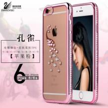 Луксозен силиконов калъф / гръб / TPU с камъни за Apple iPhone 6 Plus / iPhone 6S Plus - прозрачен с розов кант / паун