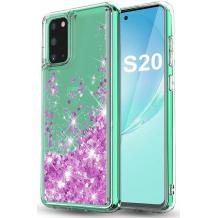 Луксозен твърд гръб 3D Water Case за Samsung Galaxy S20 - прозрачен / течен гръб с брокат / сърца / лилав