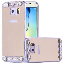 Луксозен силиконов калъф / гръб / TPU с камъни за Samsung Galaxy S6 Edge G925 - златист / огледален