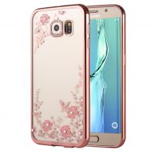 Луксозен силиконов калъф / гръб / TPU с камъни за Samsung Galaxy S6 G920 - розови цветя / Rose Gold кант