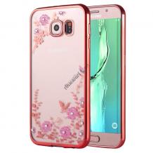 Луксозен силиконов калъф / гръб / TPU с камъни за Samsung Galaxy S6 Edge G925 - розови цветя / розов кант