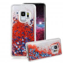 Луксозен твърд гръб 3D за Samsung Galaxy S9 G960 - прозрачен / червен брокат / звездички