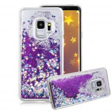 Луксозен твърд гръб 3D за Samsung Galaxy S9 G960 - прозрачен / лилав брокат / звездички