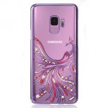 Луксозен твърд гръб KAVARO Swarovski Diamond за Samsung Galaxy S9 G960 - прозрачен с лилав кант / феникс
