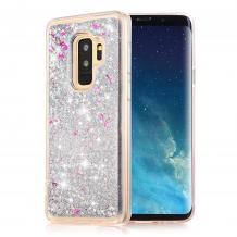 Луксозен твърд гръб 3D за Samsung Galaxy A6 Plus 2018 - прозрачен / сребрист брокат / звездички
